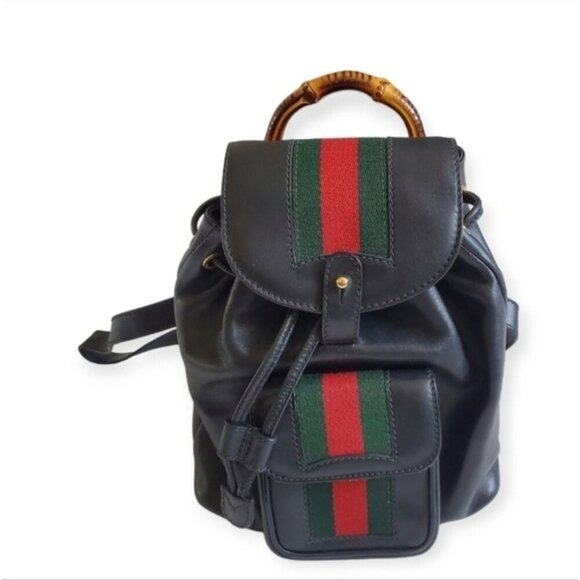 Authentic Vintage Gucci Bamboo Handle Backpack Web Stripe Black Leather - Picture 1 of 15